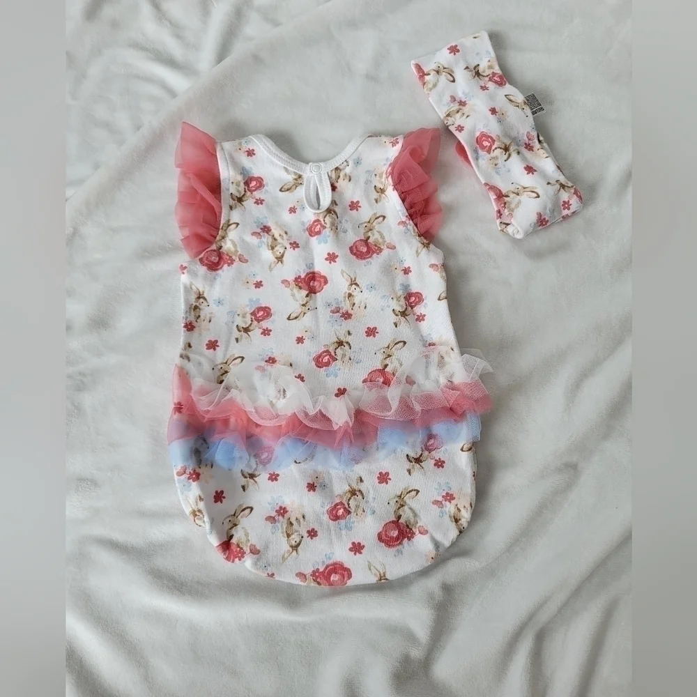 Kyle & Deena bunny print white,pink & Blue ruffle onesie/romper w/ headband 3-6m